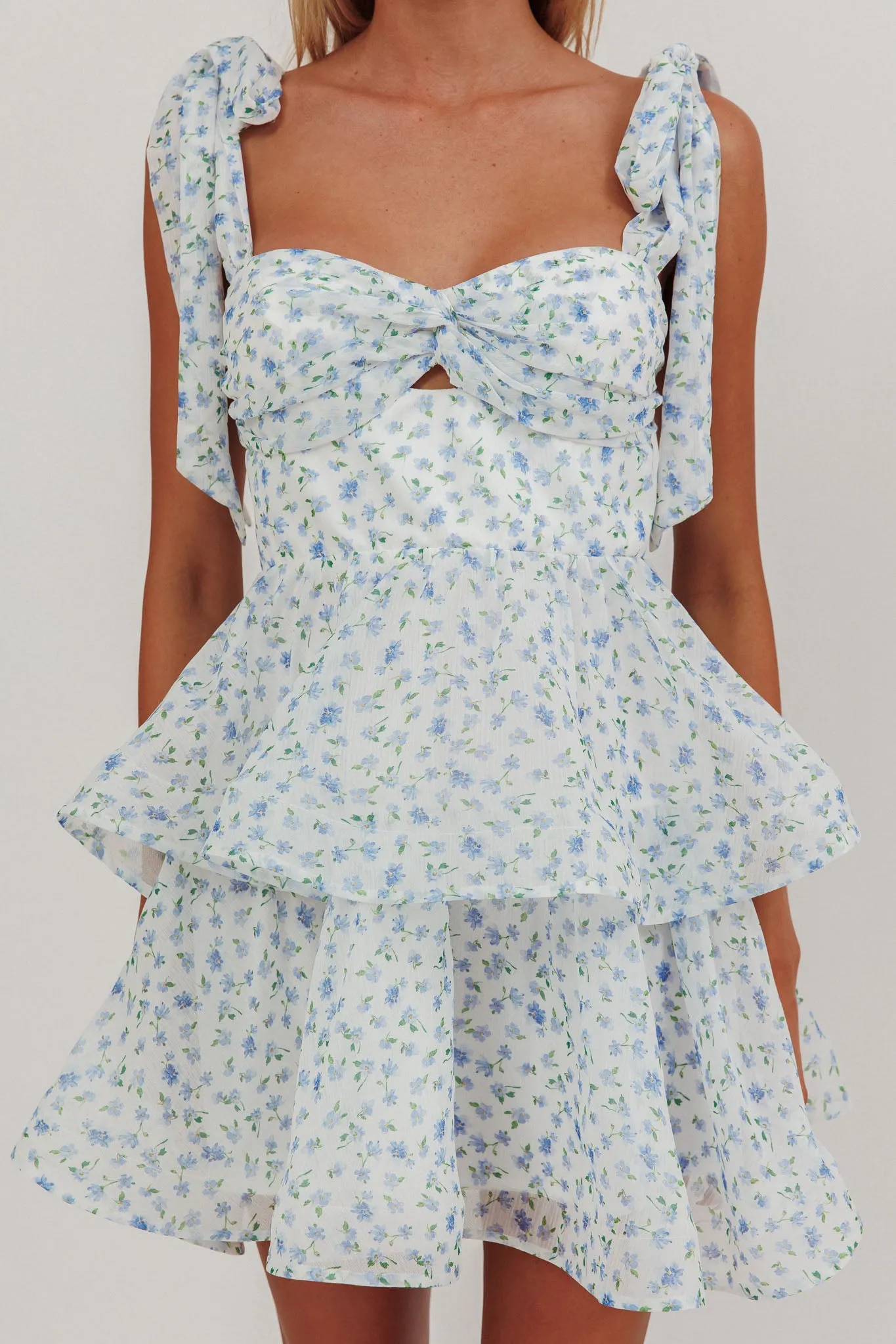 Oliana Tied Shoulder Tiered Mini Dress Floral Blue sold by Selfie Leslie product image thumbnail 3