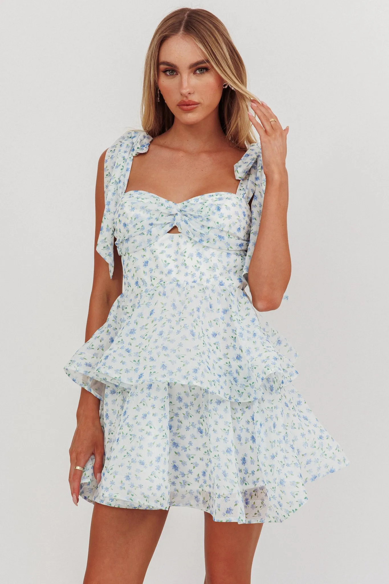 Oliana Tied Shoulder Tiered Mini Dress Floral Blue sold by Selfie Leslie product image thumbnail 5