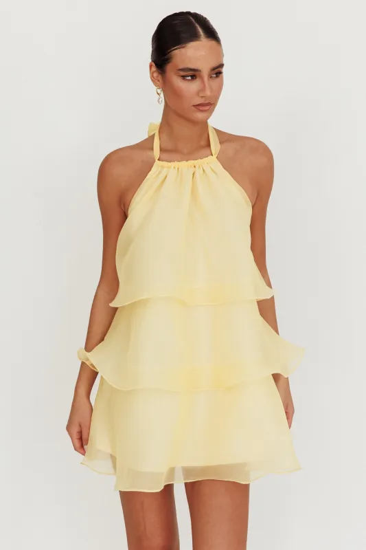 Tulips Tiered Halterneck Mini Dress Lemon sold by Selfie Leslie