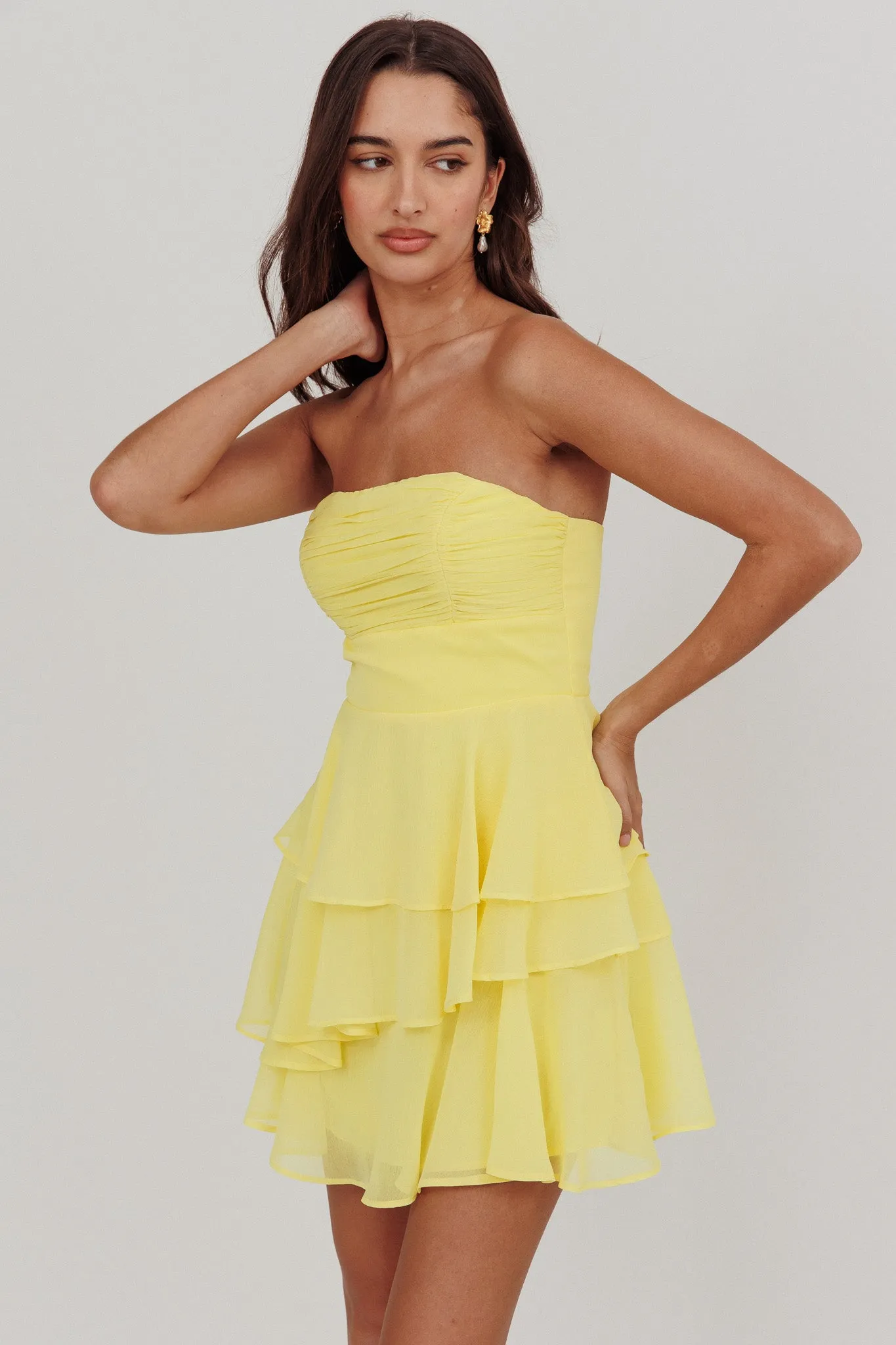 Veda Strapless Ruffle Mini Dress Lemon sold by Selfie Leslie