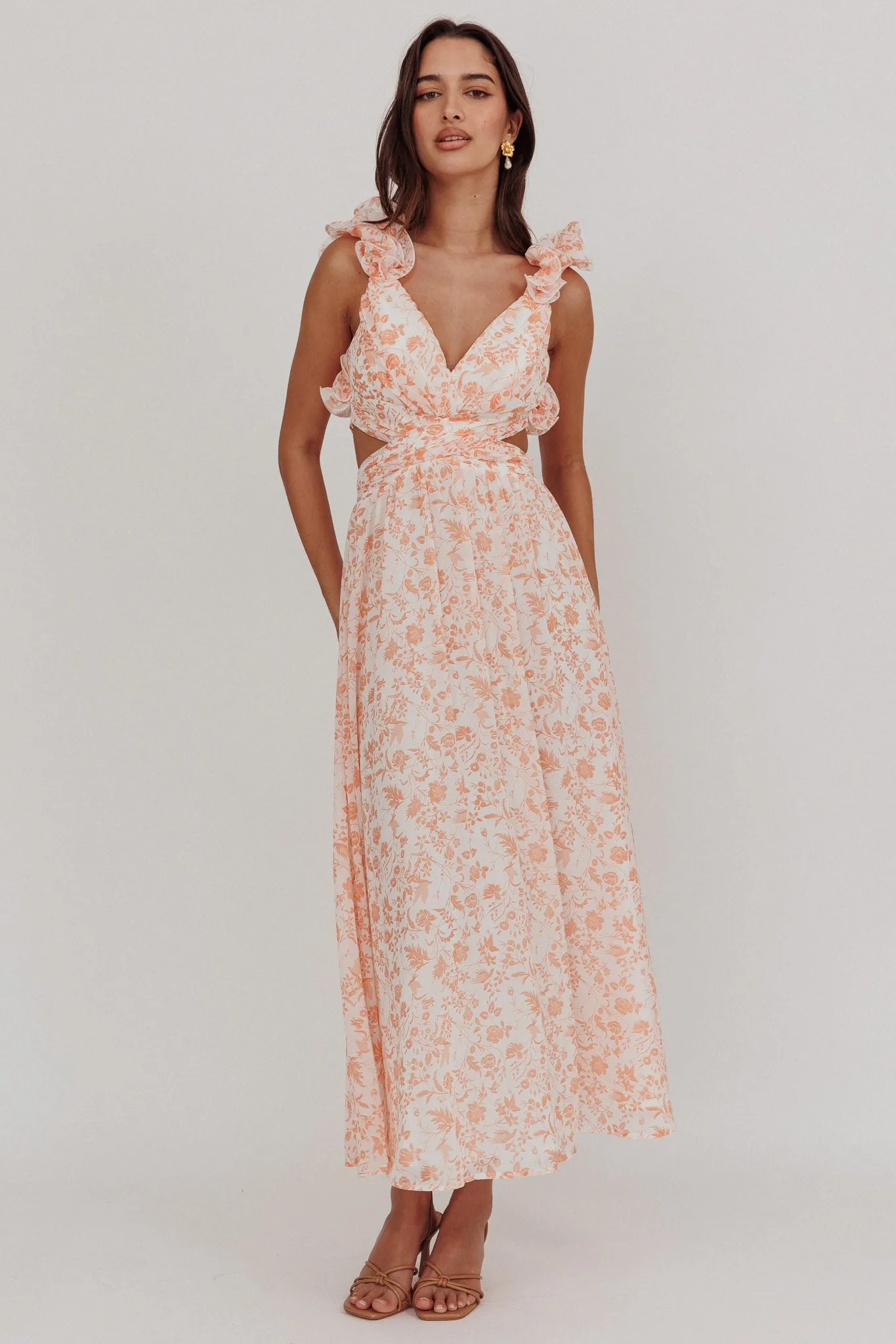 Madara Lace-Up Back Maxi Dress Flowers Orange sold by Selfie Leslie product image thumbnail 4