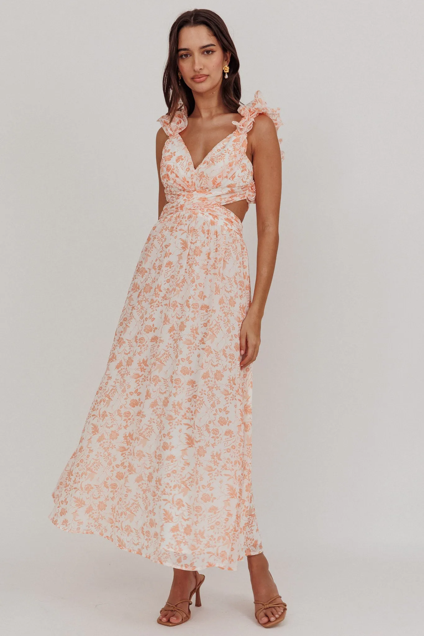 Madara Lace-Up Back Maxi Dress Flowers Orange sold by Selfie Leslie