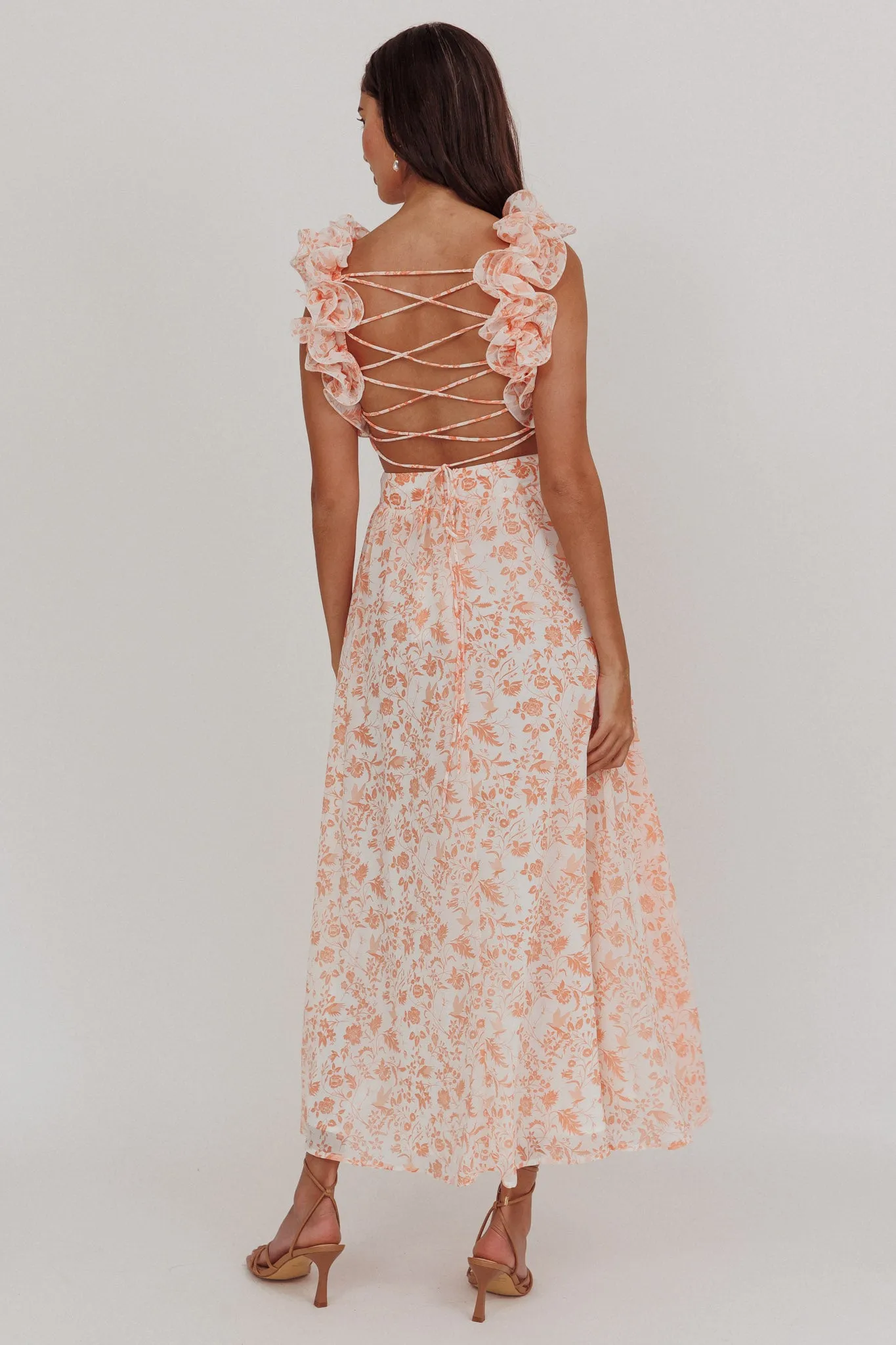 Madara Lace-Up Back Maxi Dress Flowers Orange sold by Selfie Leslie product image thumbnail 2