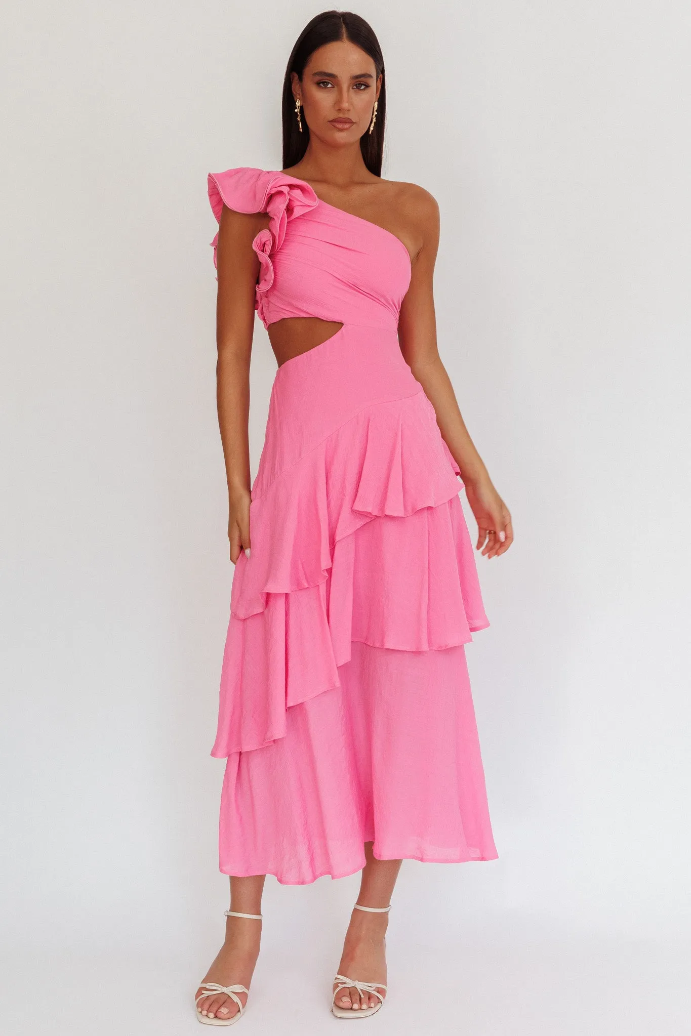 Deanna One-Shoulder Tiered Maxi Dress Pink sold by Selfie Leslie