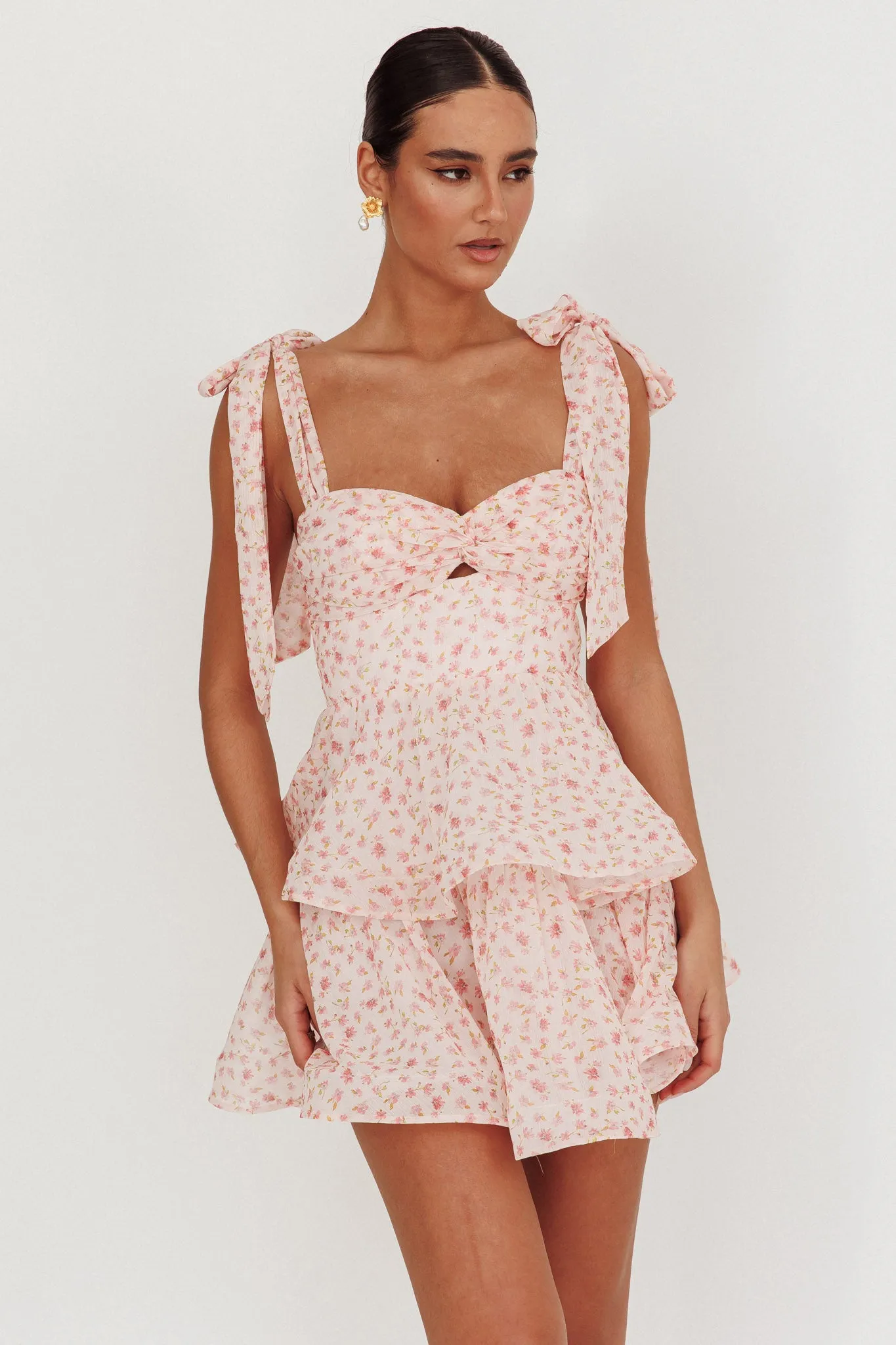 Oliana Tied Shoulder Tiered Mini Dress Peach sold by Selfie Leslie