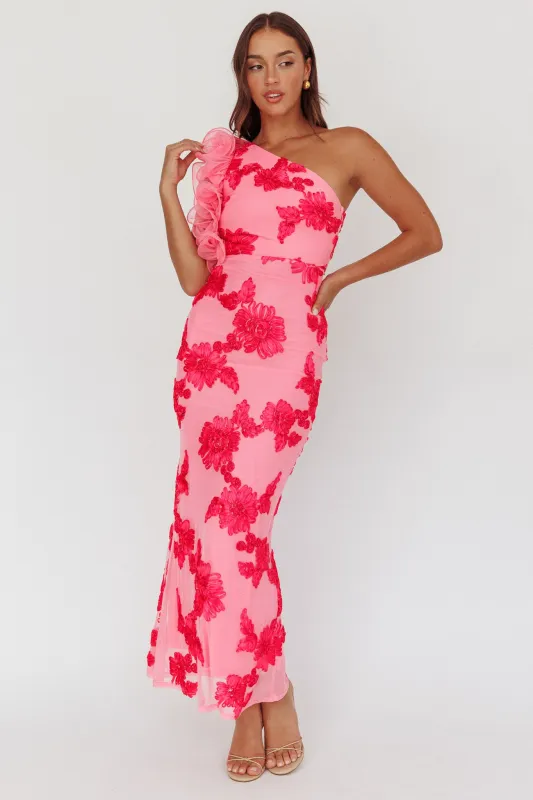 Deanna One-Shoulder Ruffle Maxi Dress Floral Pink sold by Selfie Leslie