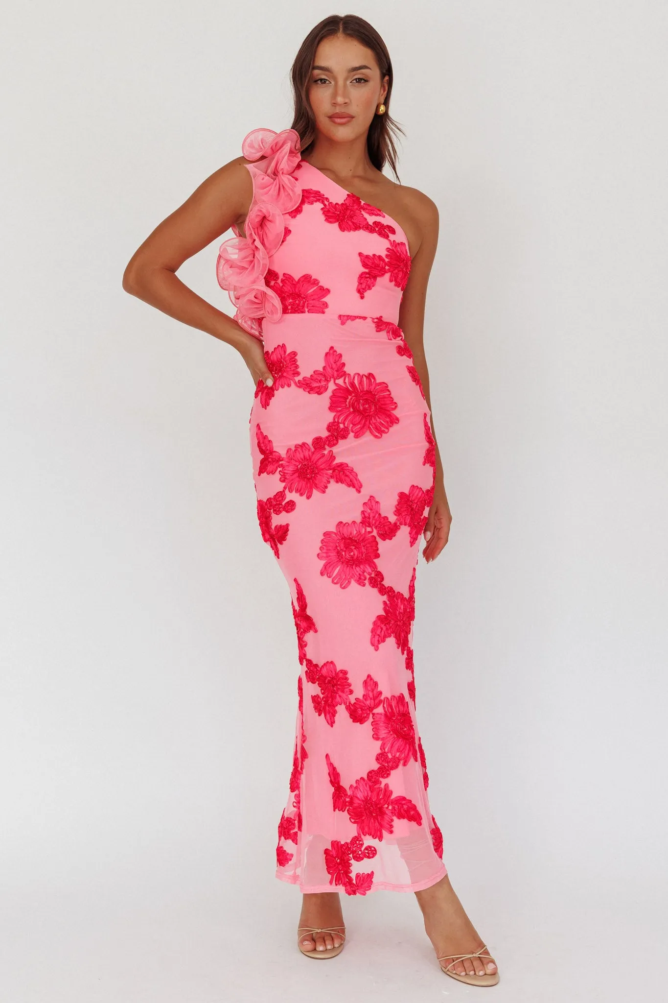 Deanna One-Shoulder Ruffle Maxi Dress Floral Pink sold by Selfie Leslie product image thumbnail 5