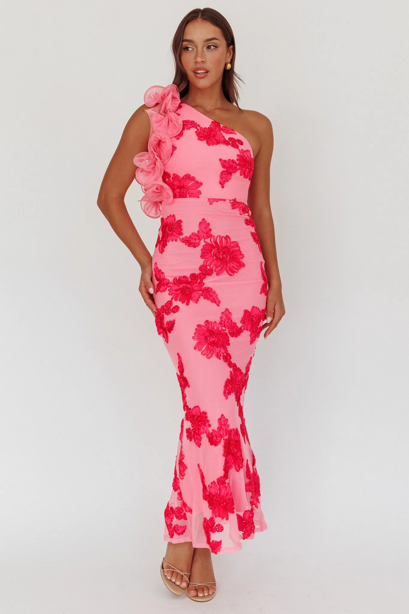 Deanna One-Shoulder Ruffle Maxi Dress Floral Pink sold by Selfie Leslie product image thumbnail 4
