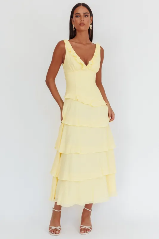 Khlara V-Neck Frill Trim Maxi Dress Butter sold by Selfie Leslie