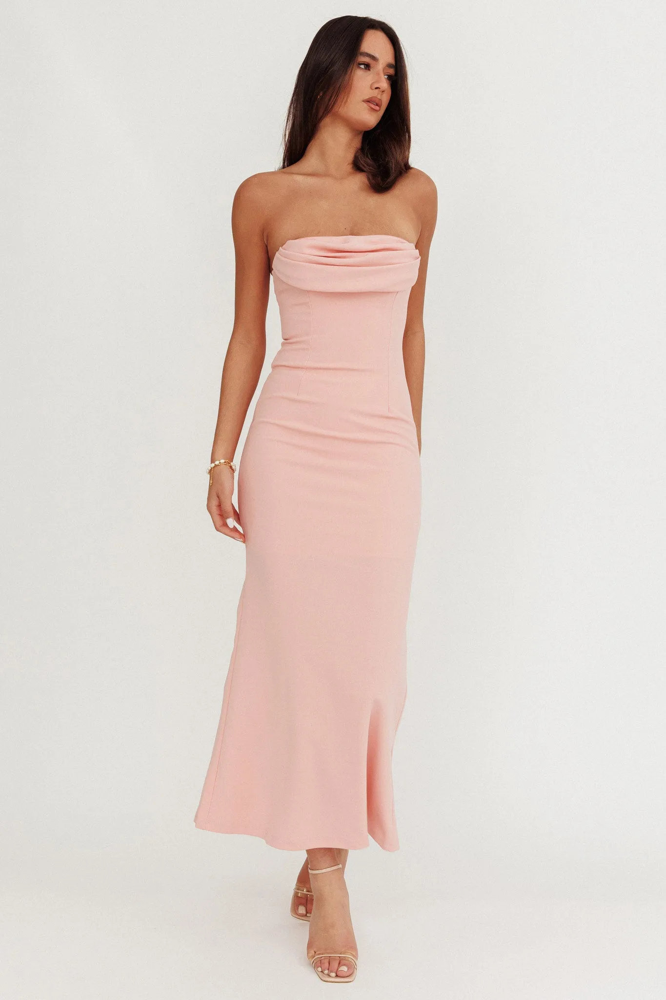 Well Versed Strapless Pleat Bust Maxi Dress Pink sold by Selfie Leslie
