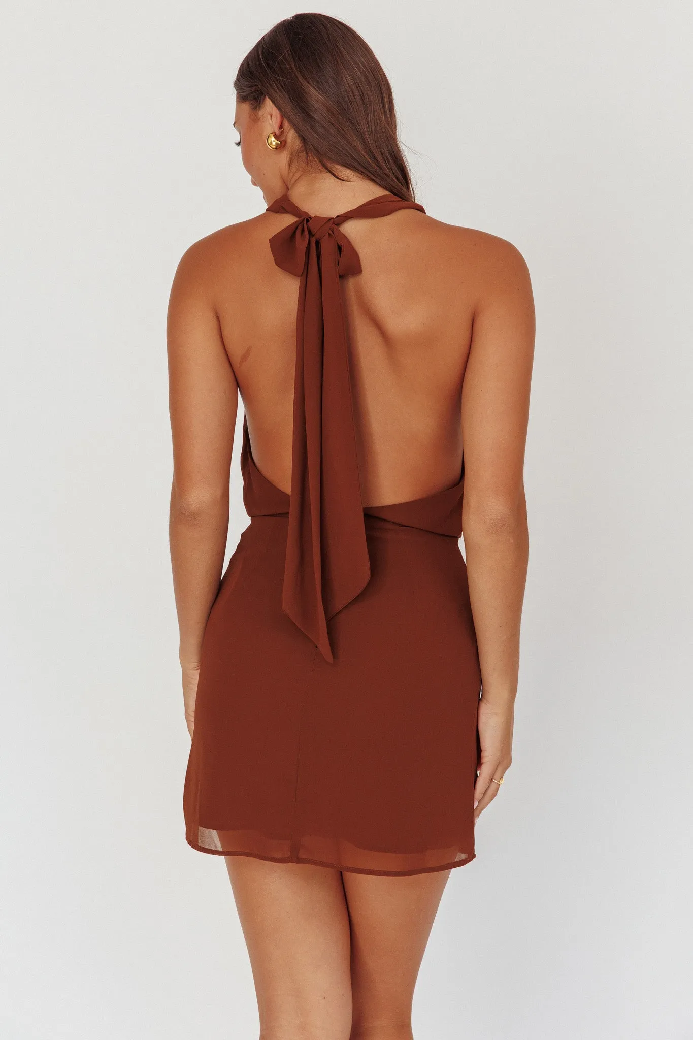 Kate Cowl Halter Mini Dress Chocolate sold by Selfie Leslie product image thumbnail 3