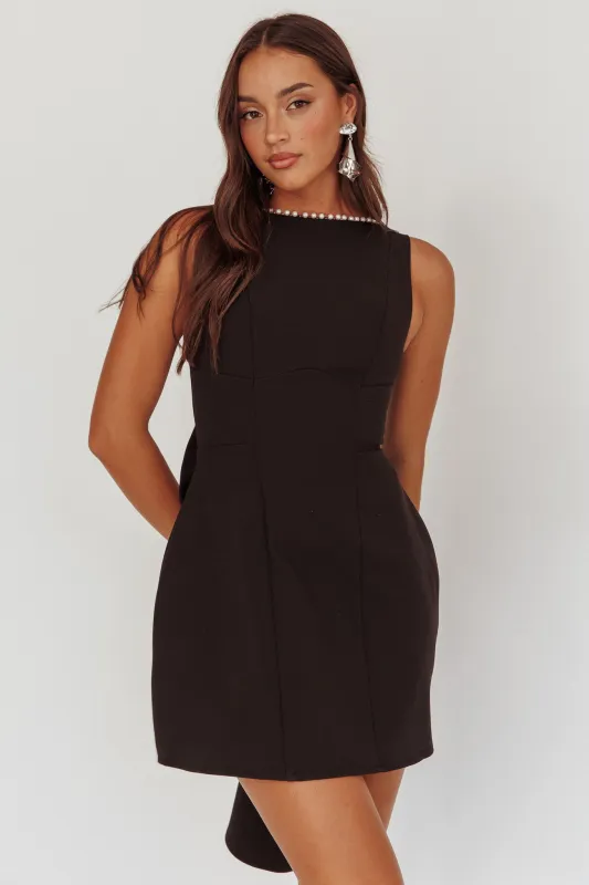 Opulent Pearl Trim Oversized Bow Mini Dress Black sold by Selfie Leslie