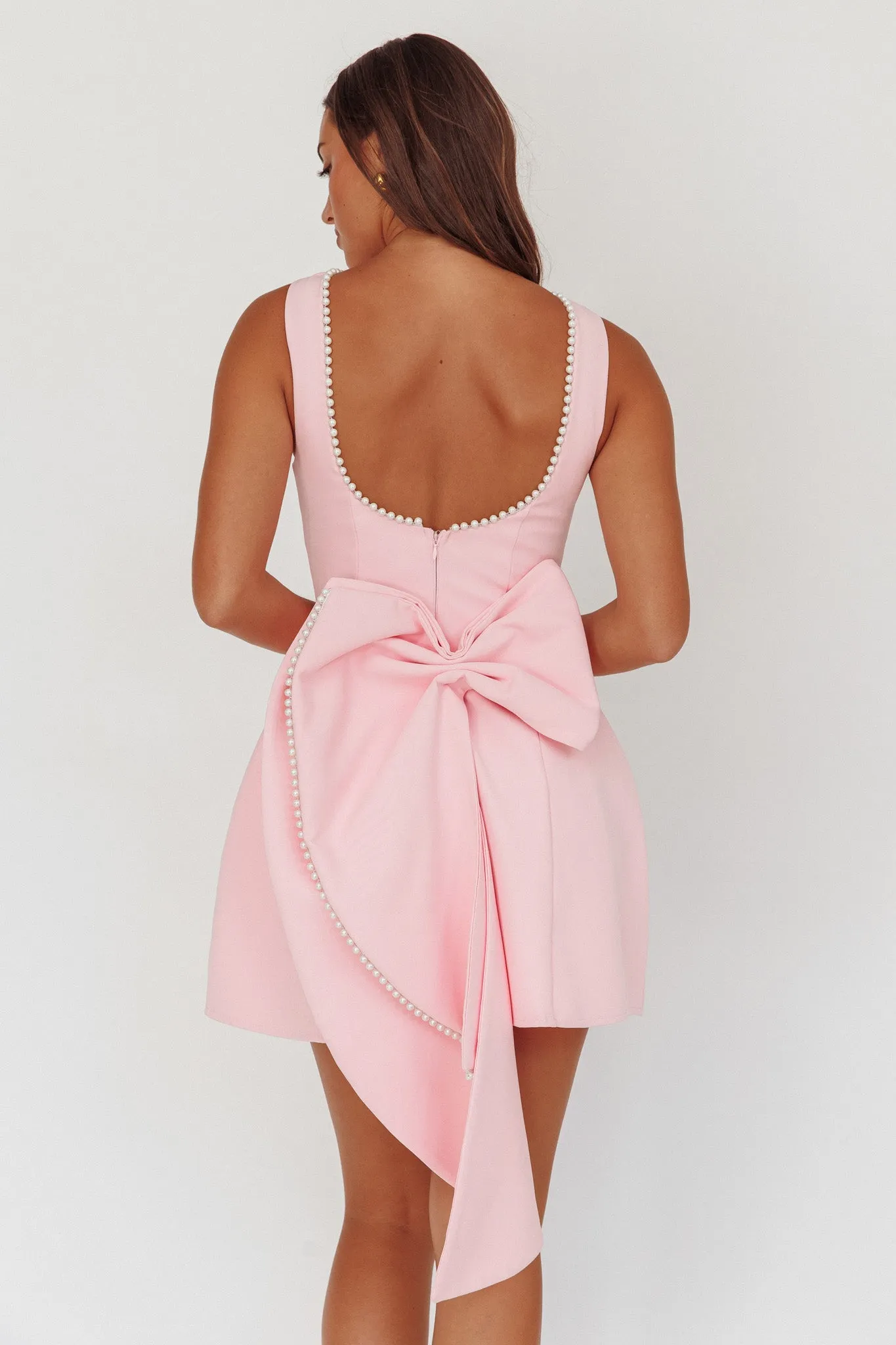 Opulent Pearl Trim Oversized Bow Mini Dress Pink sold by Selfie Leslie product image thumbnail 2