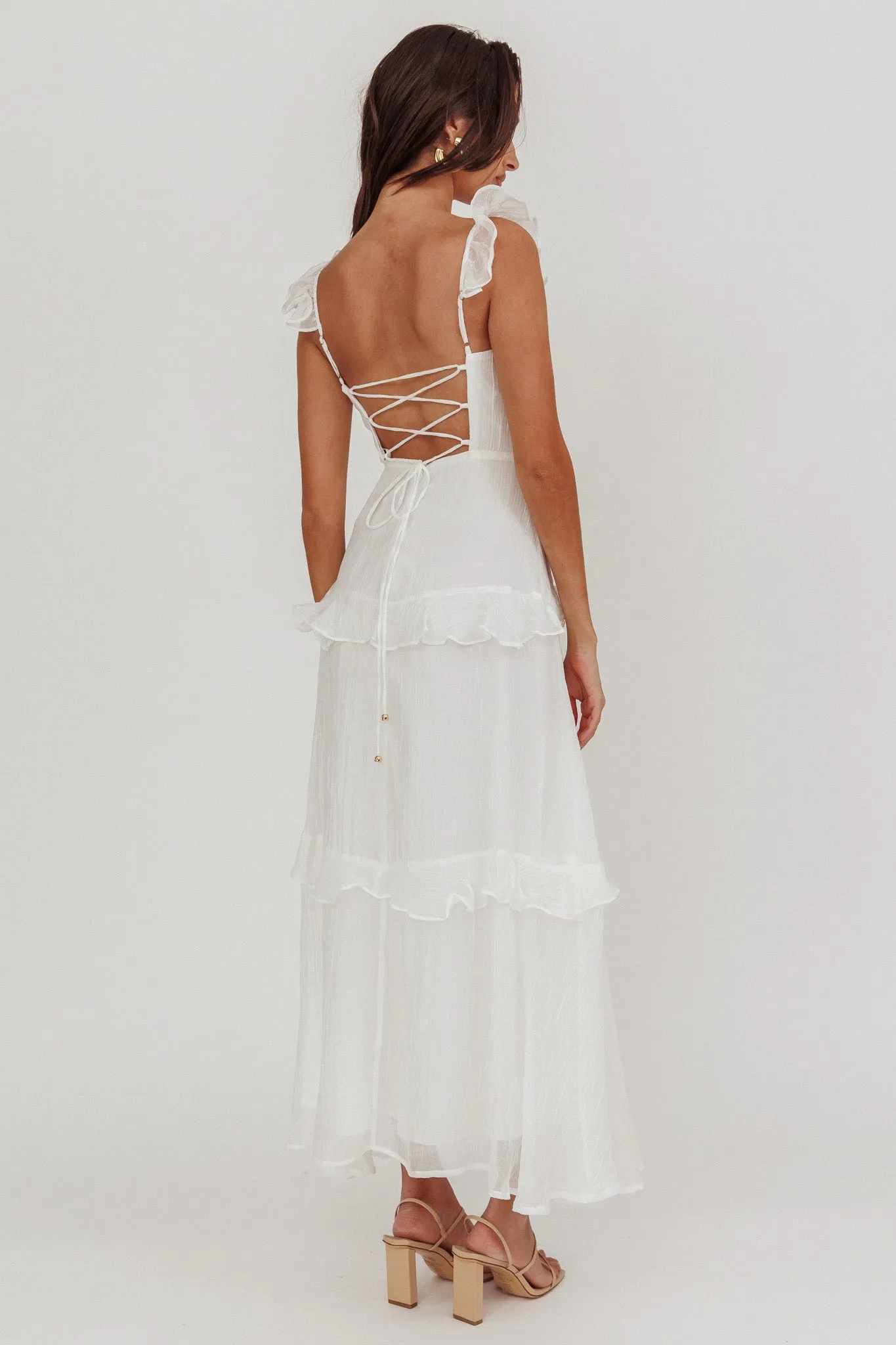 Moonlit Moment Ruffle Trim Lace-Up Back Maxi Dress White sold by Selfie Leslie product image thumbnail 2