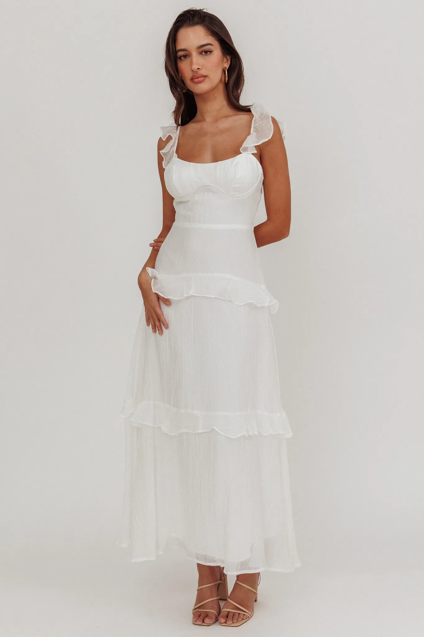 Moonlit Moment Ruffle Trim Lace-Up Back Maxi Dress White sold by Selfie Leslie