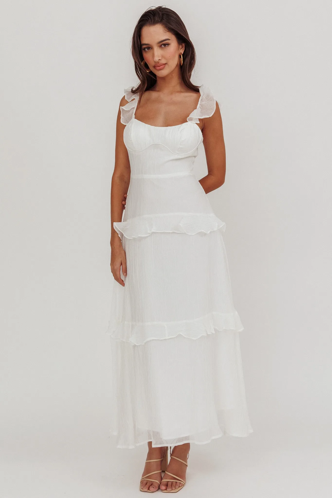 Moonlit Moment Ruffle Trim Lace-Up Back Maxi Dress White sold by Selfie Leslie product image thumbnail 5