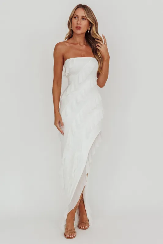 Just Friends Strapless Ruffle Maxi Dress Off White sold by Selfie Leslie