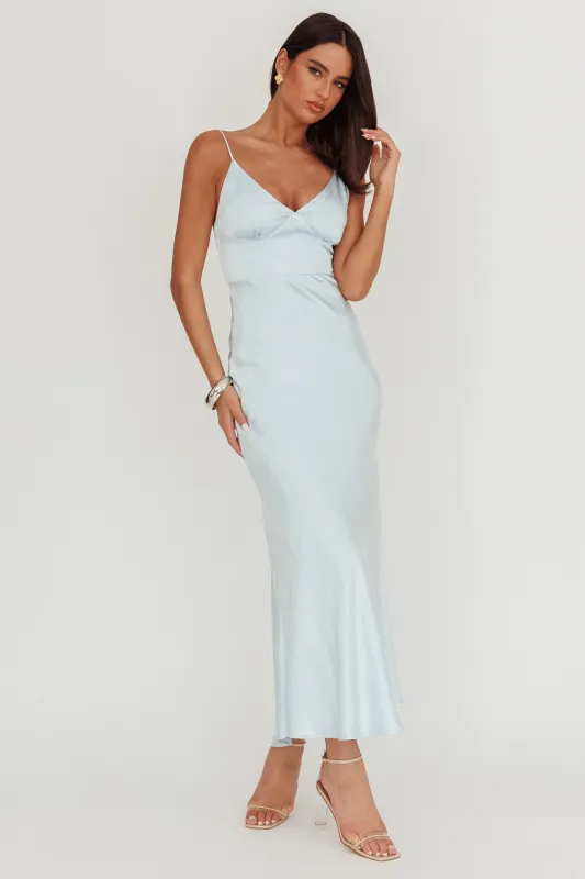 Hold Me Satin Backless Maxi Dress Ice Blue sold by Selfie Leslie