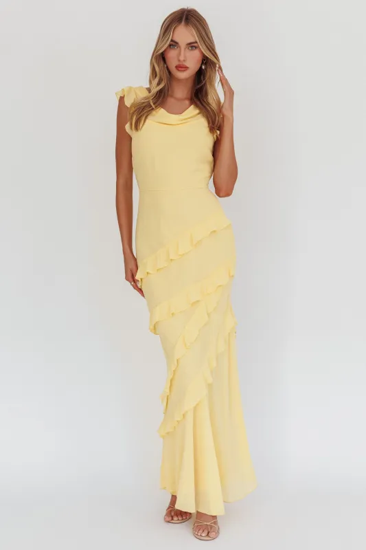 Sangria Cowl Neck Frill Maxi Dress Lemon sold by Selfie Leslie