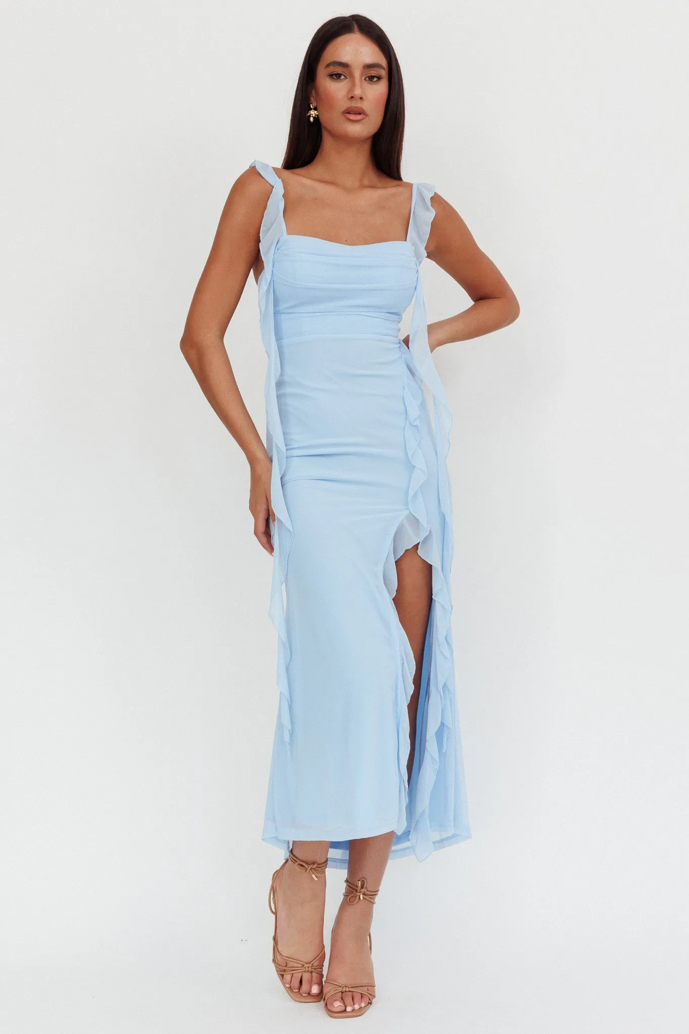 Blushing Ruffle Trim Maxi Dress Blue sold by Selfie Leslie product image thumbnail 5
