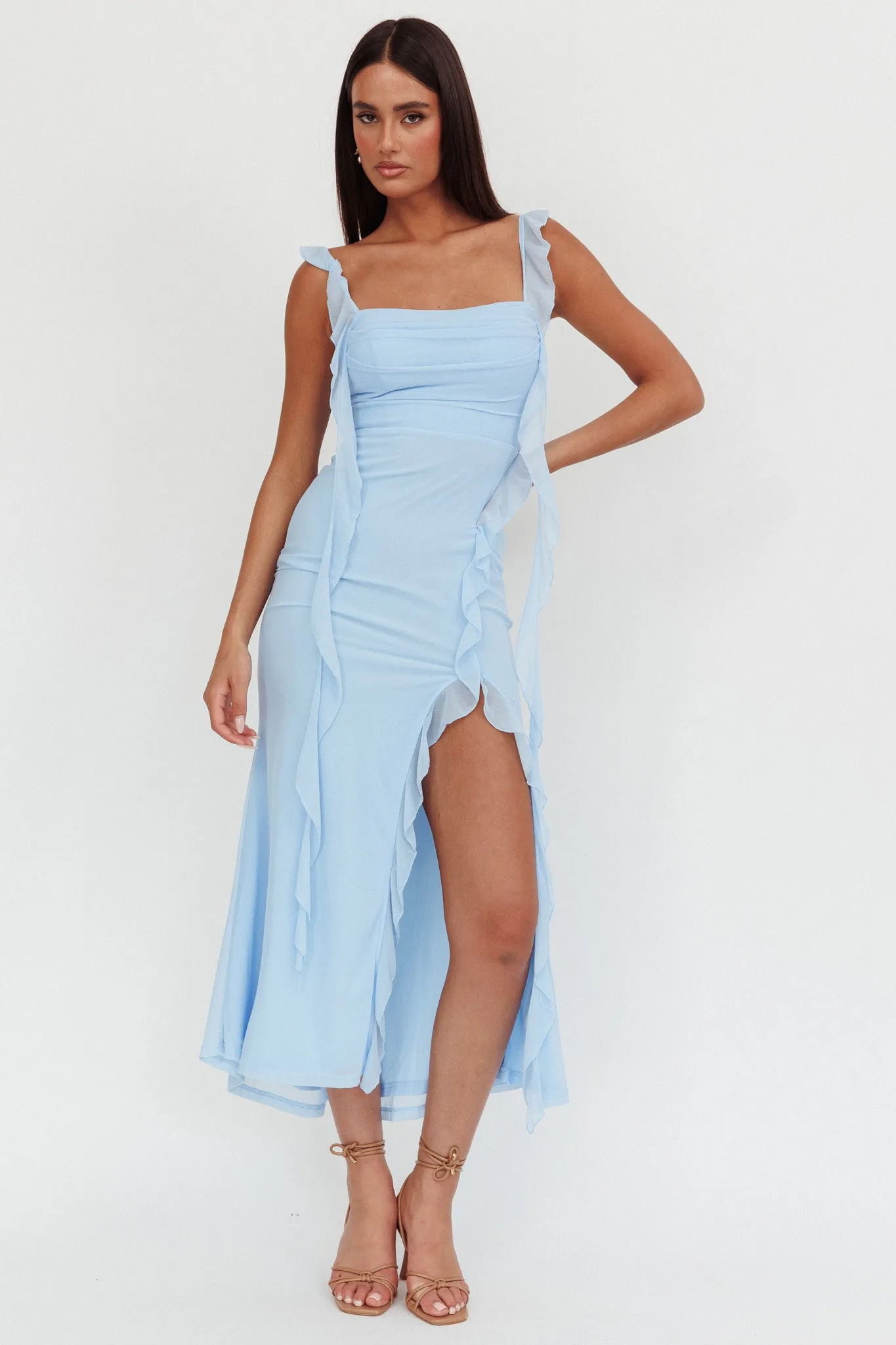 Blushing Ruffle Trim Maxi Dress Blue sold by Selfie Leslie product image thumbnail 4