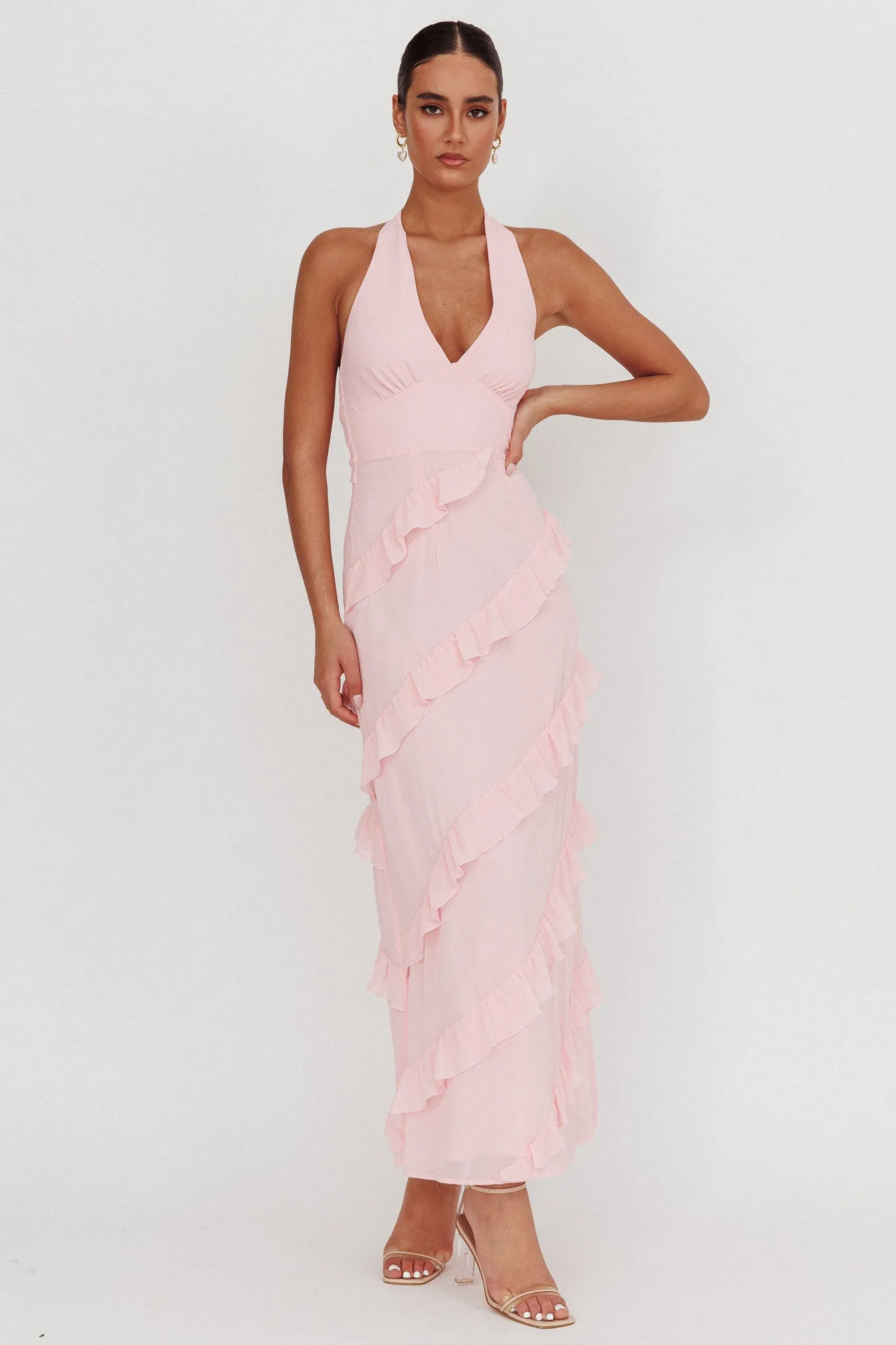 Flirt Frill Trim Halter Maxi Dress Blush sold by Selfie Leslie