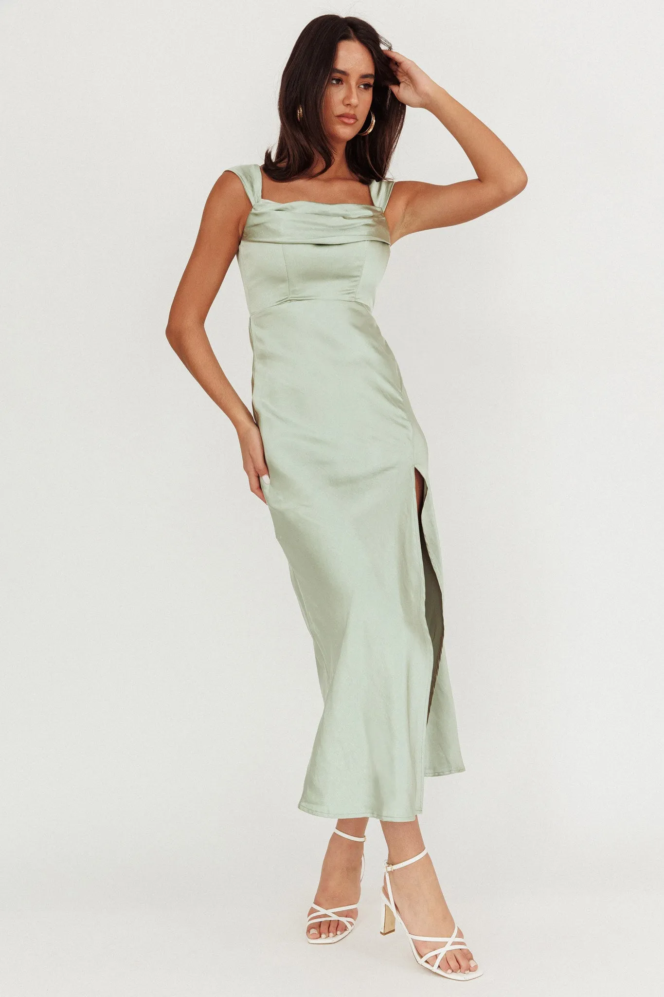 Lucinda Off-Shoulder V-Back Dress Sage sold by Selfie Leslie