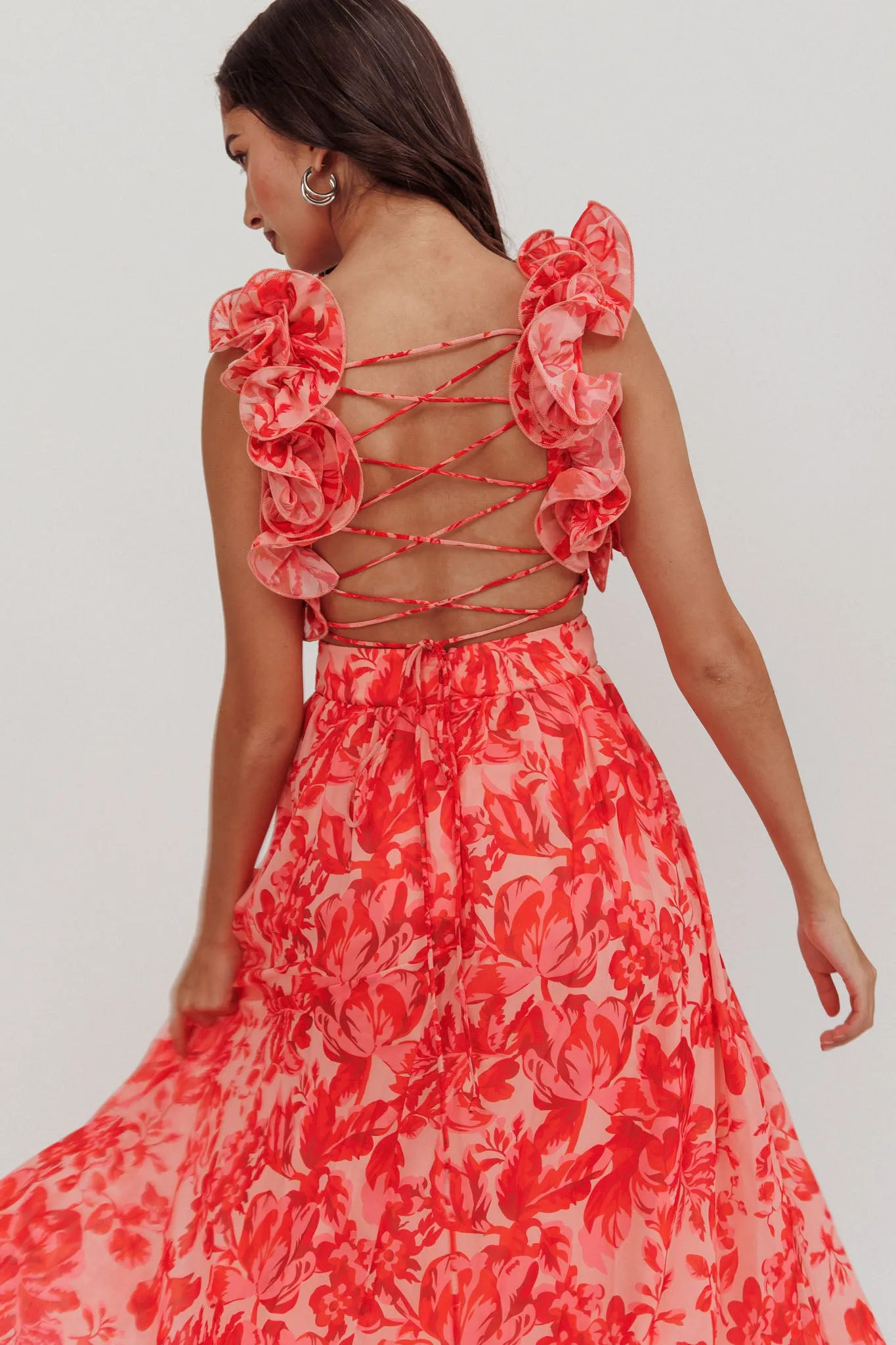 Madara Lace-Up Back Maxi Dress Floral Red sold by Selfie Leslie product image thumbnail 2