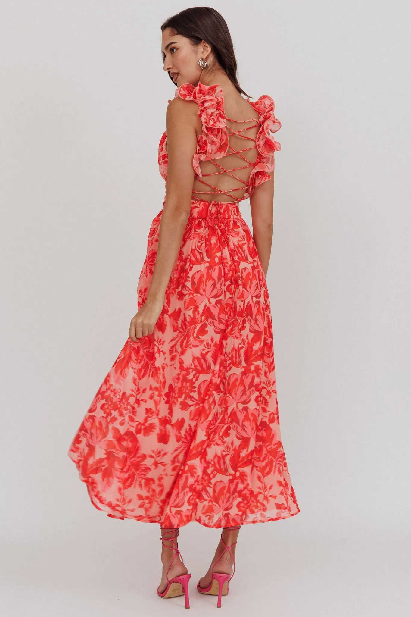 Madara Lace-Up Back Maxi Dress Floral Red sold by Selfie Leslie product image thumbnail 3