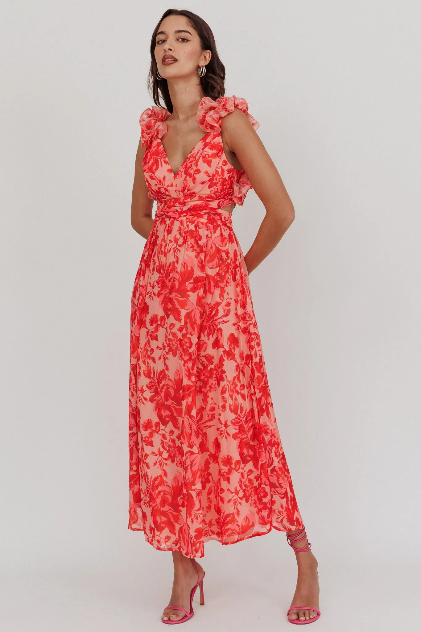 Madara Lace-Up Back Maxi Dress Floral Red sold by Selfie Leslie