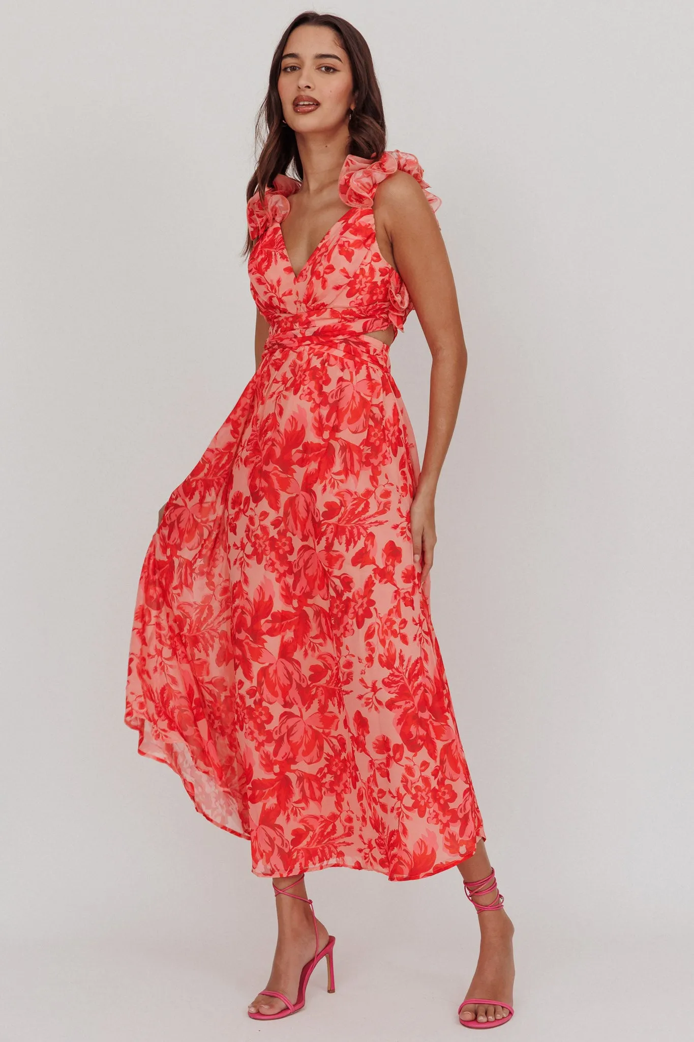 Madara Lace-Up Back Maxi Dress Floral Red sold by Selfie Leslie product image thumbnail 5