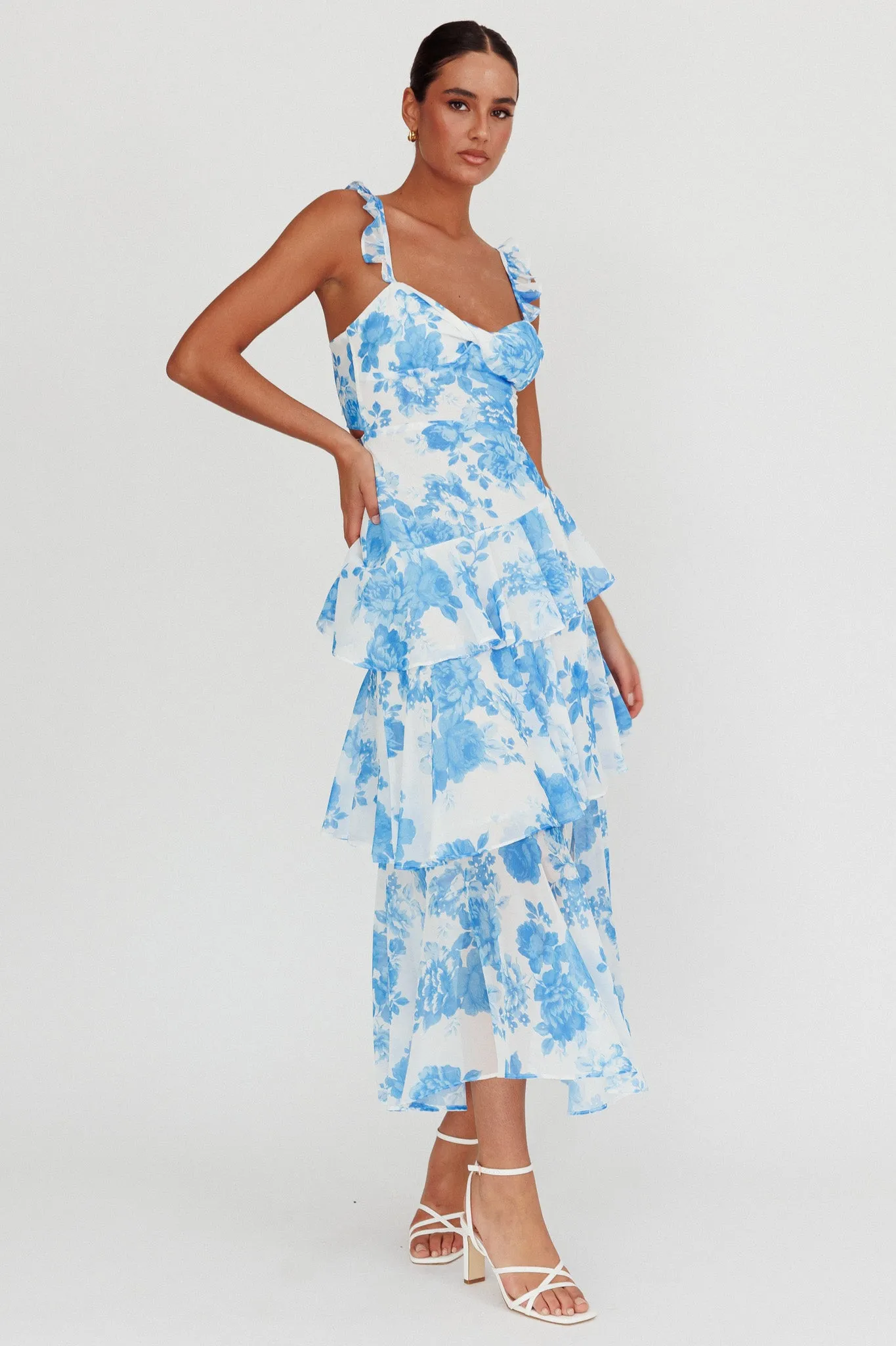 Veda Ruffle Strap Split Maxi Dress Floral White/Blue sold by Selfie Leslie product image thumbnail 5