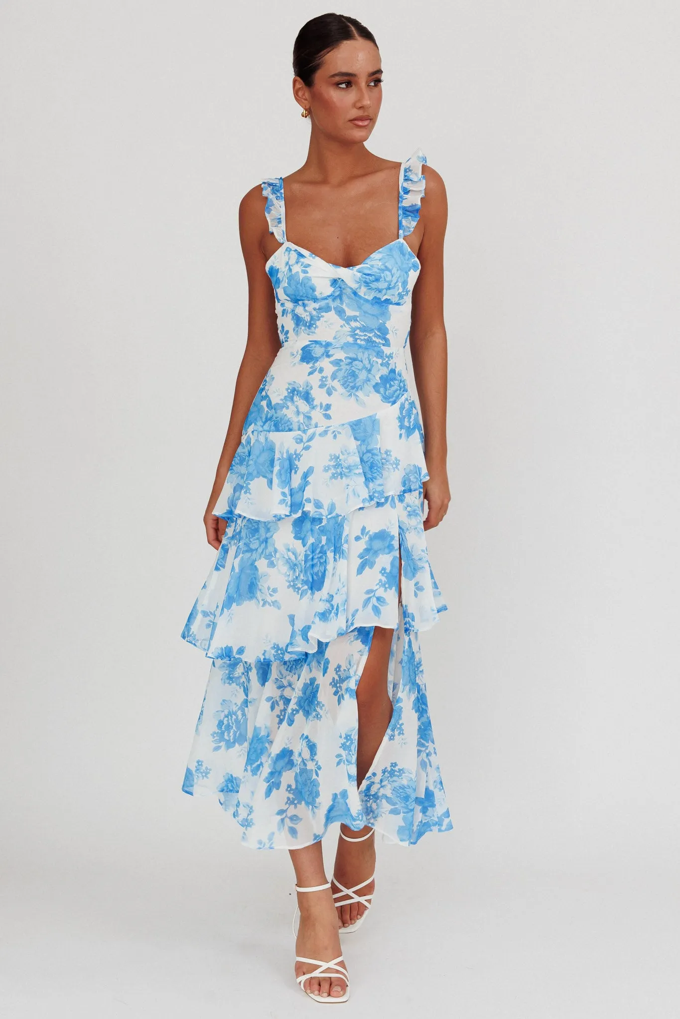 Veda Ruffle Strap Split Maxi Dress Floral White/Blue sold by Selfie Leslie