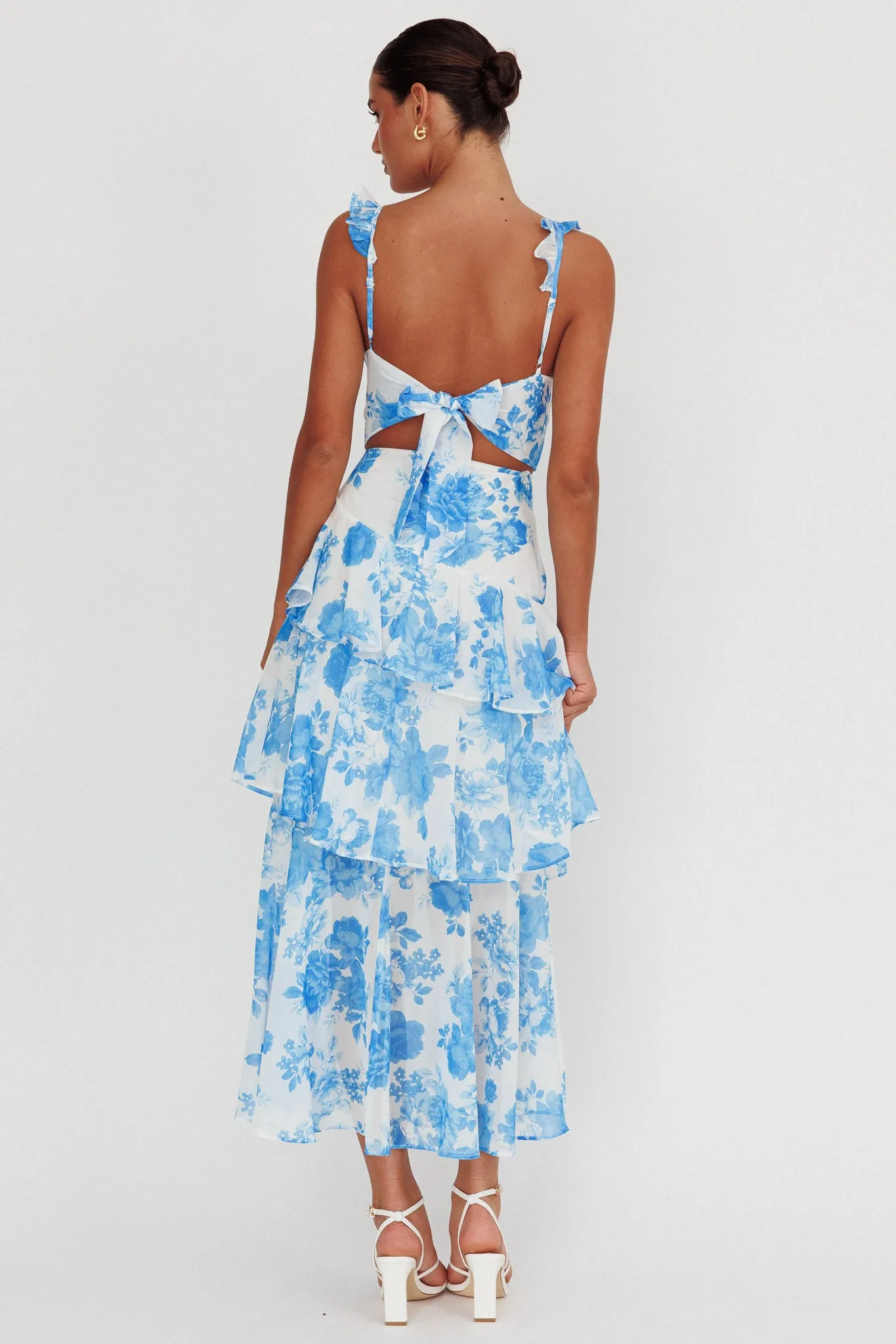 Veda Ruffle Strap Split Maxi Dress Floral White/Blue sold by Selfie Leslie product image thumbnail 3