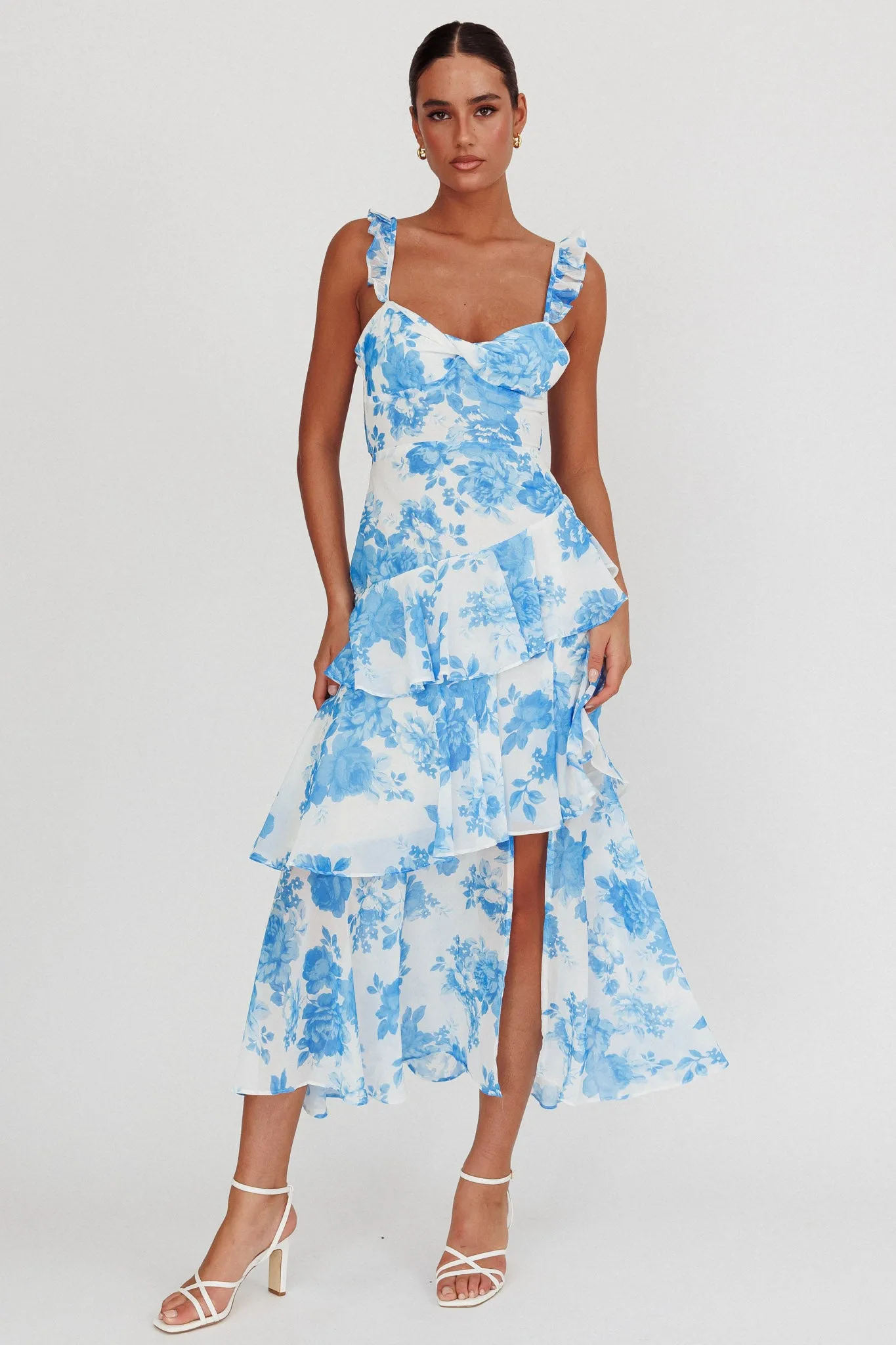 Veda Ruffle Strap Split Maxi Dress Floral White/Blue sold by Selfie Leslie product image thumbnail 2