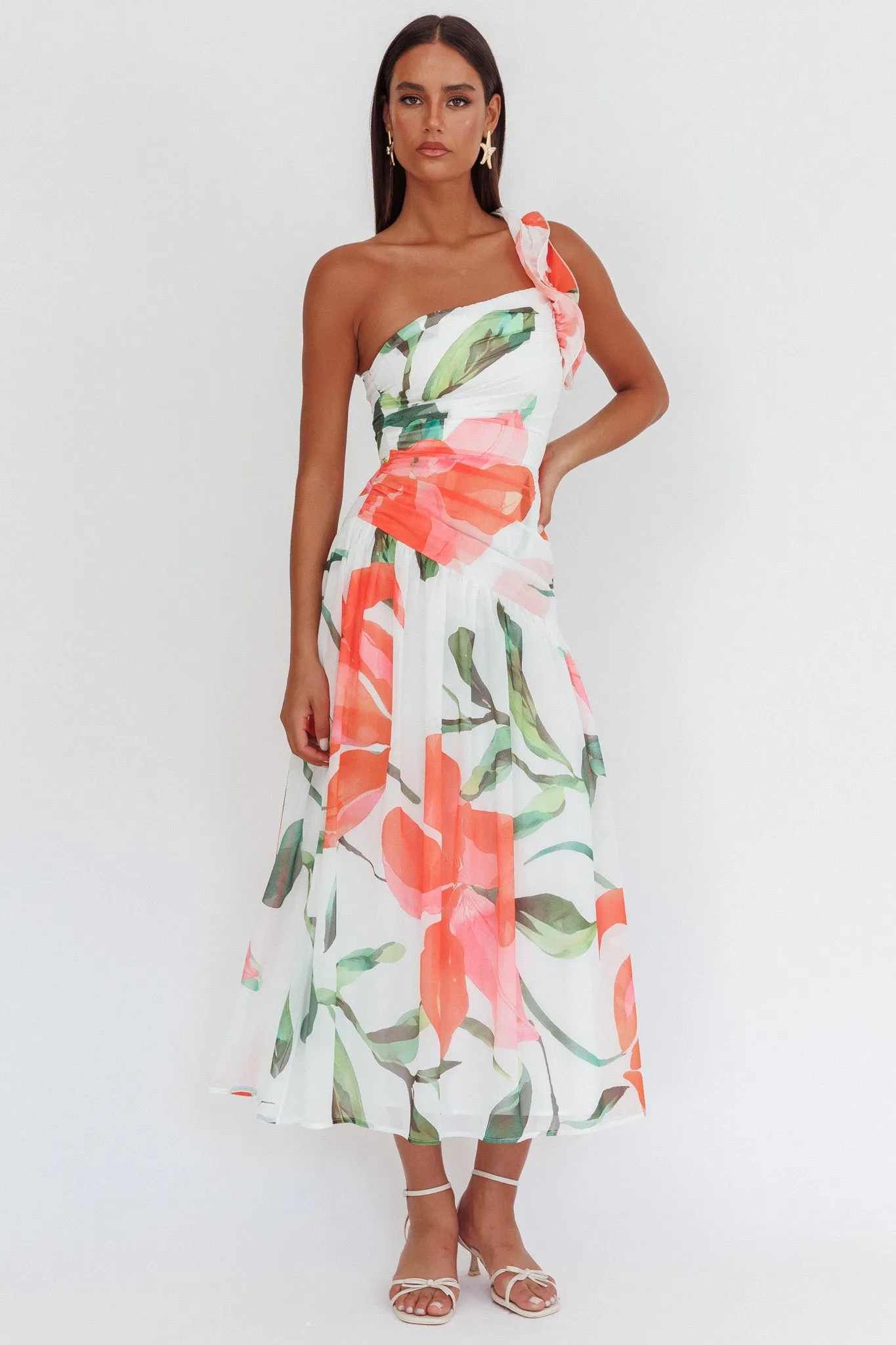 Kinley One-Shoulder Ruffle Maxi Dress Floral Red sold by Selfie Leslie