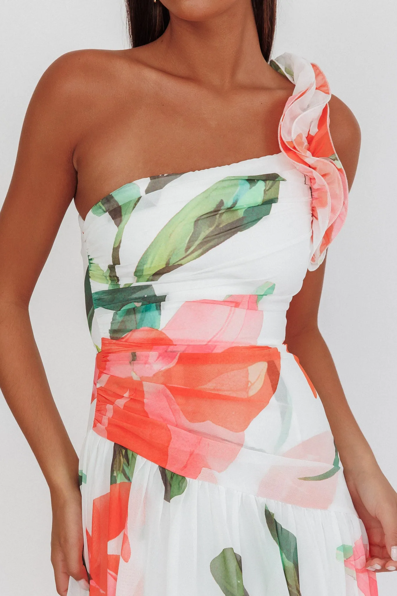 Kinley One-Shoulder Ruffle Maxi Dress Floral Red sold by Selfie Leslie product image thumbnail 3