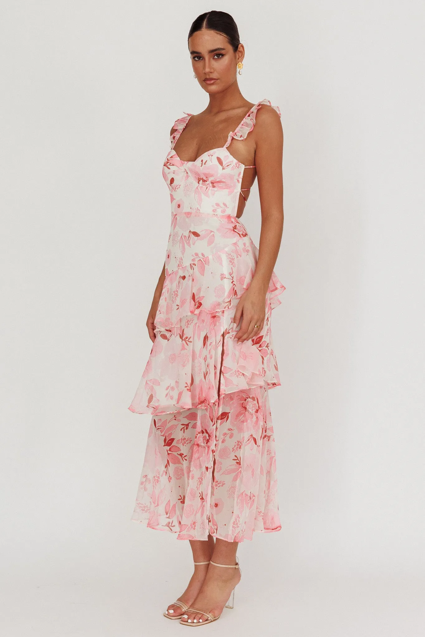 Veda Strappy Back Ruffle Maxi Dress Flowers Blush sold by Selfie Leslie product image thumbnail 4