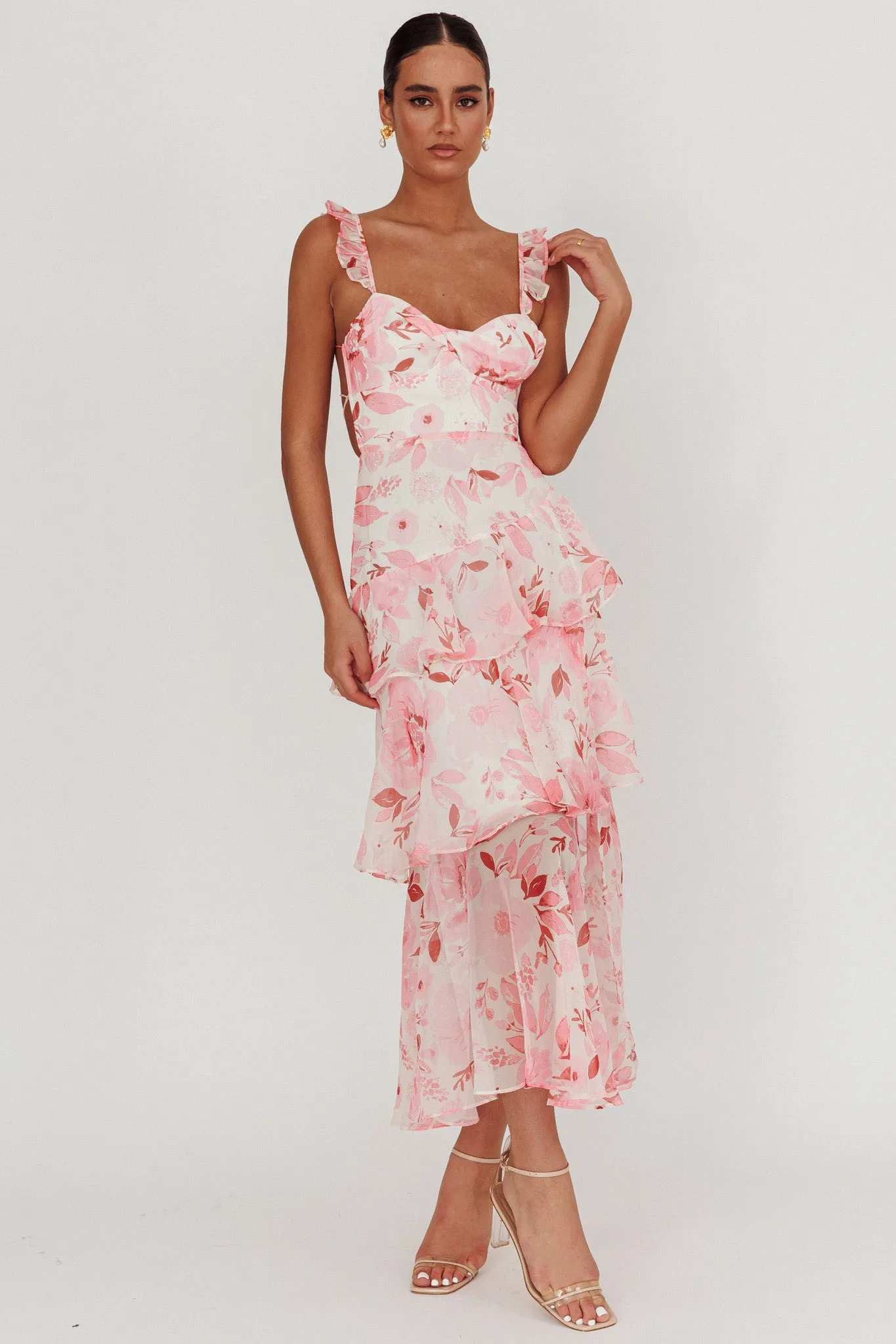 Veda Strappy Back Ruffle Maxi Dress Flowers Blush sold by Selfie Leslie product image thumbnail 5