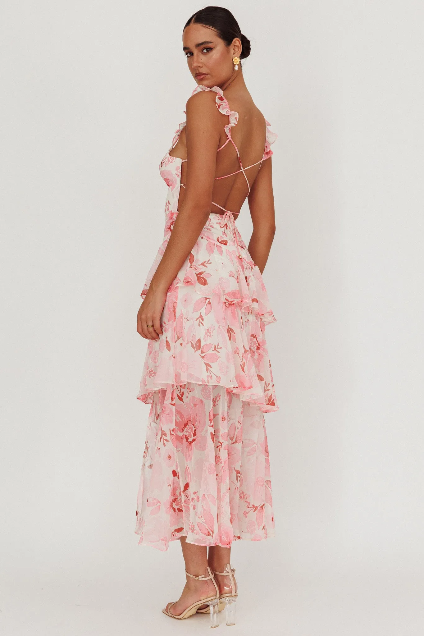 Veda Strappy Back Ruffle Maxi Dress Flowers Blush sold by Selfie Leslie product image thumbnail 2