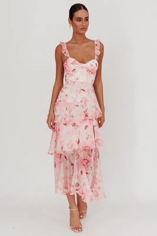 Veda Strappy Back Ruffle Maxi Dress Flowers Blush sold by Selfie Leslie