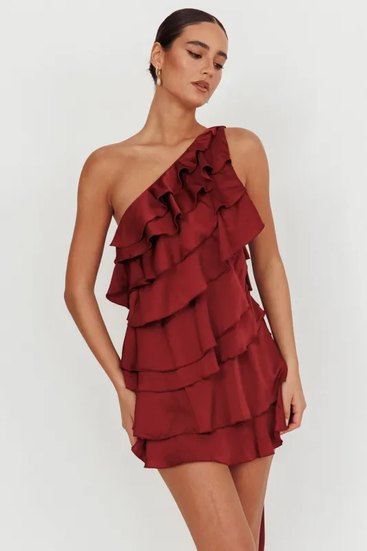 Arrabel Tiered Ruffle One Shoulder Mini Dress Wine sold by Selfie Leslie