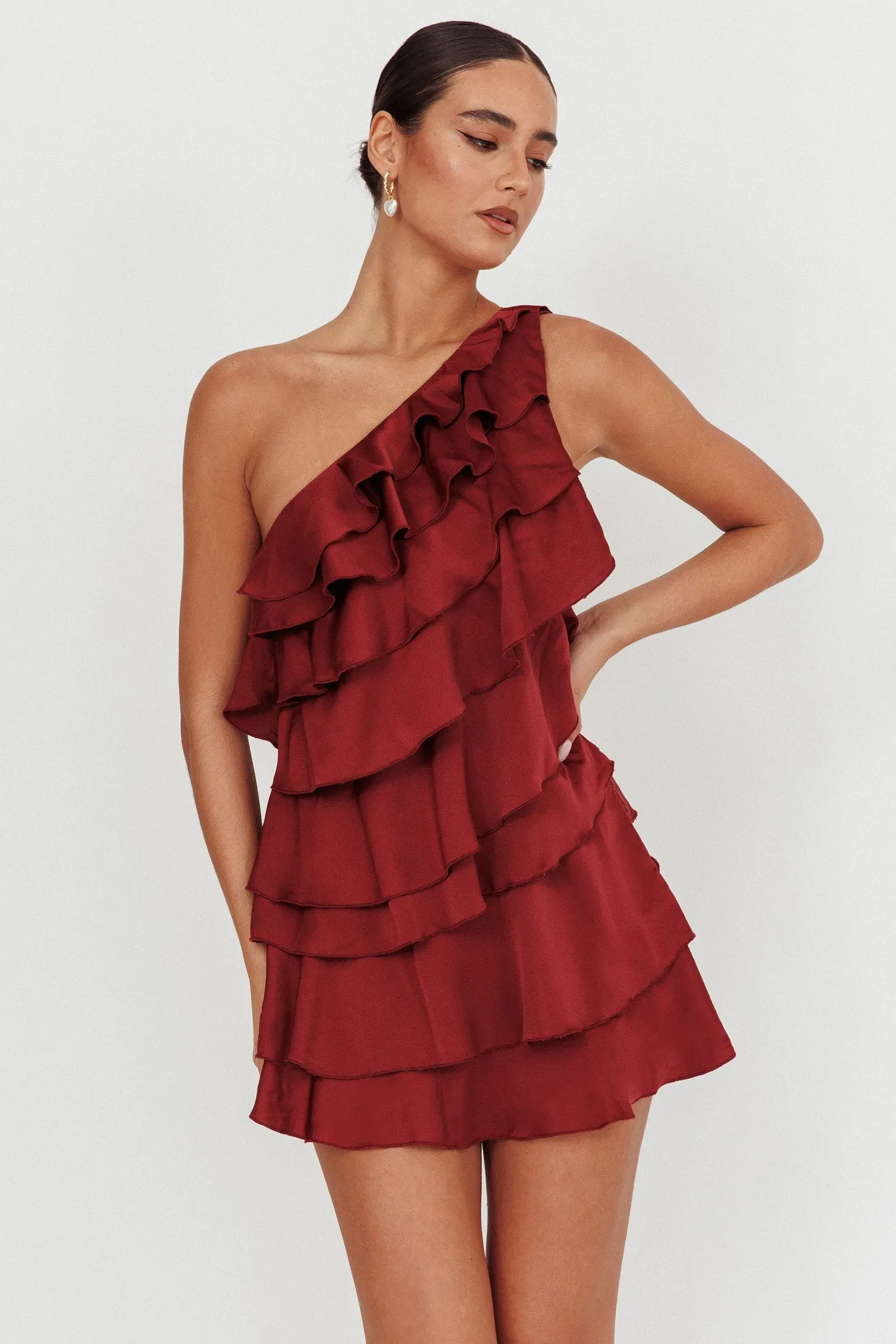 Arrabel Tiered Ruffle One Shoulder Mini Dress Wine sold by Selfie Leslie product image thumbnail 5