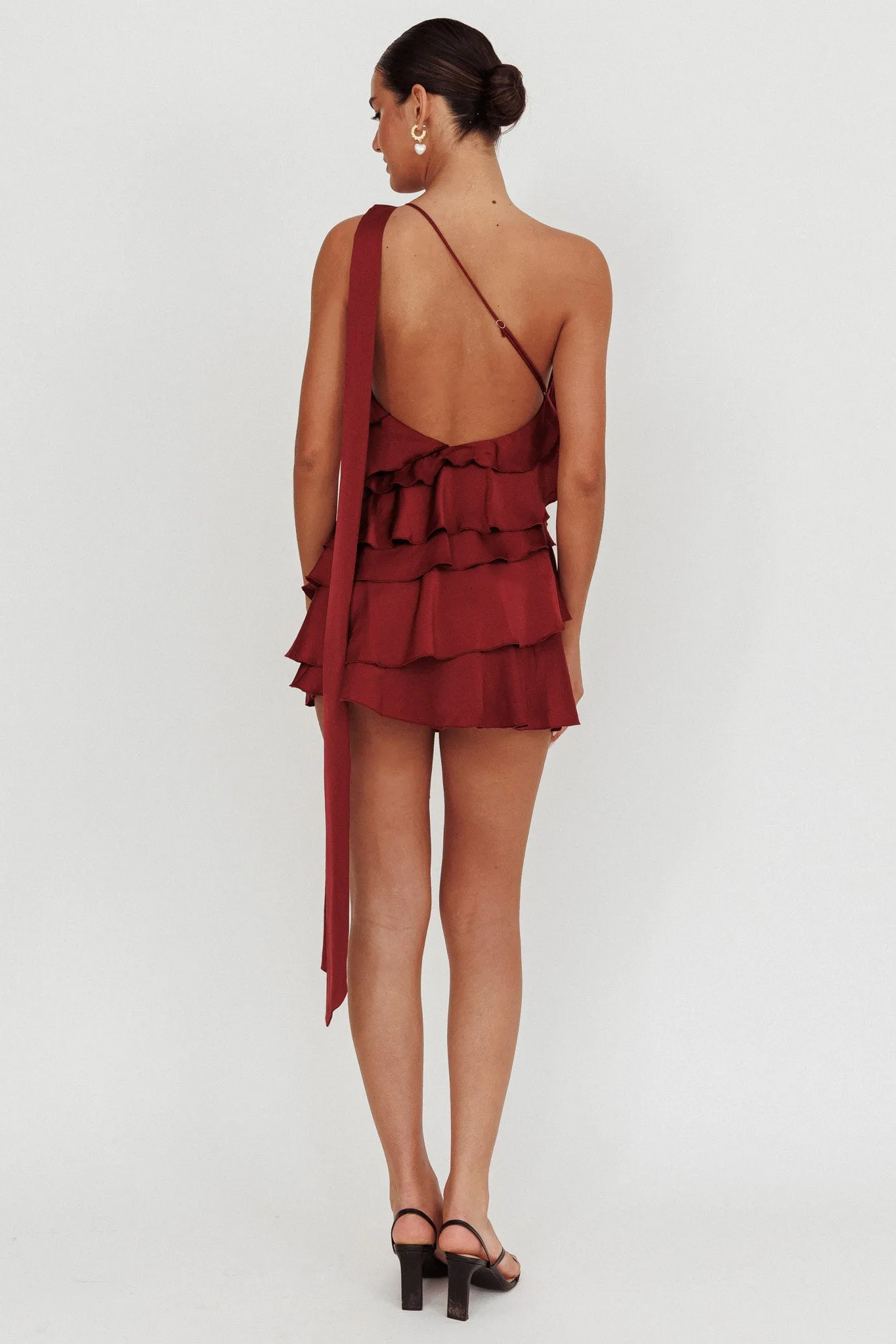 Arrabel Tiered Ruffle One Shoulder Mini Dress Wine sold by Selfie Leslie product image thumbnail 2