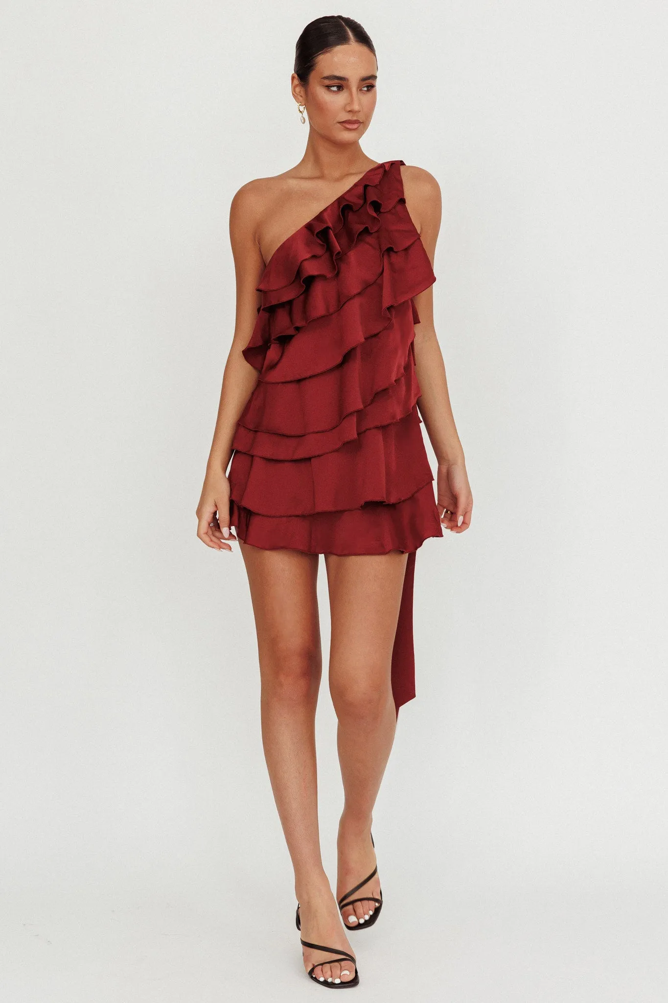Arrabel Tiered Ruffle One Shoulder Mini Dress Wine sold by Selfie Leslie product image thumbnail 4