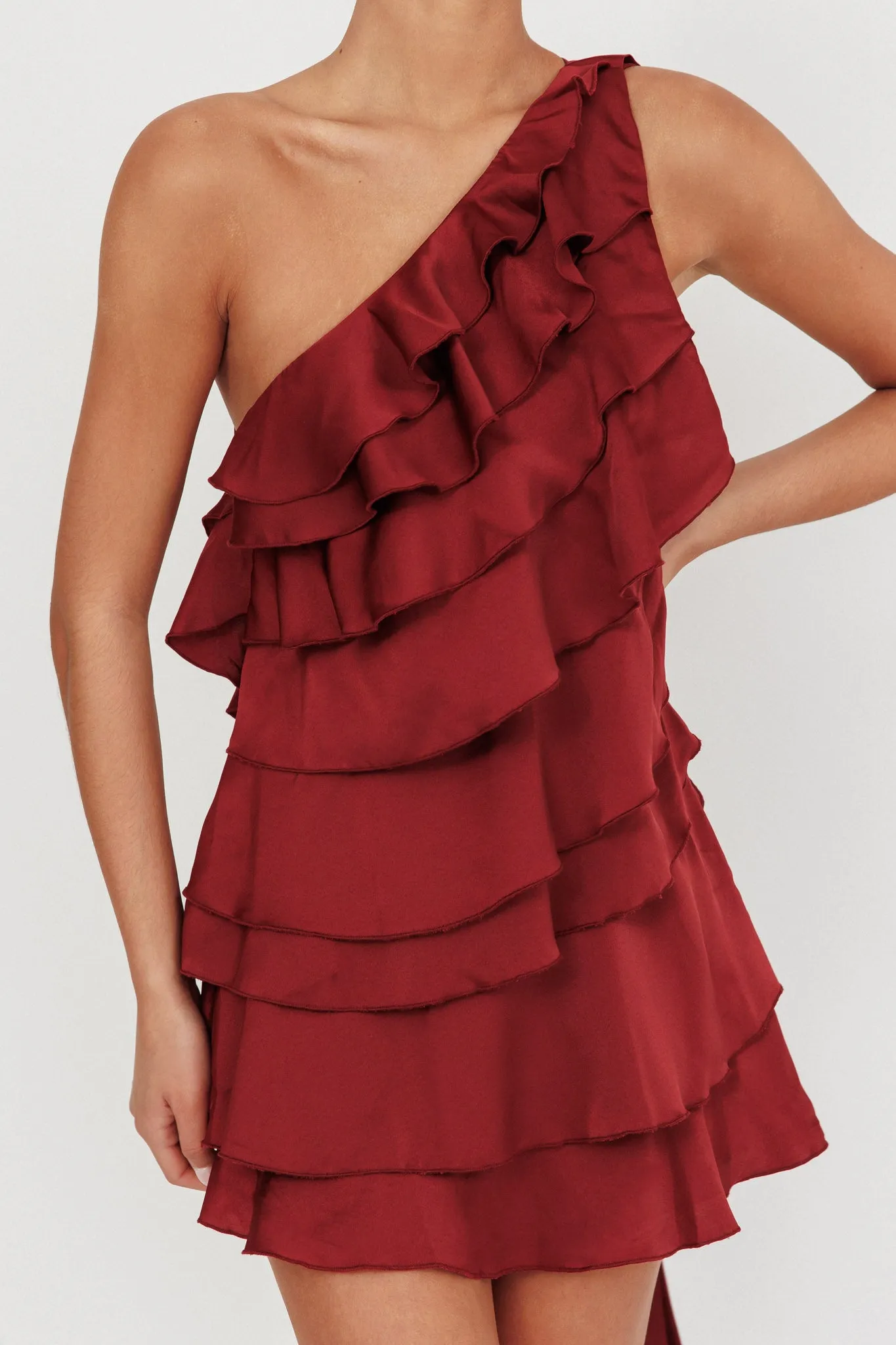 Arrabel Tiered Ruffle One Shoulder Mini Dress Wine sold by Selfie Leslie product image thumbnail 3