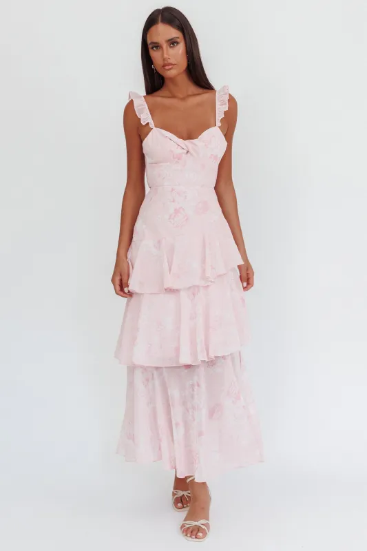 Veda Ruffle Strap Split Maxi Dress Roses Blush sold by Selfie Leslie