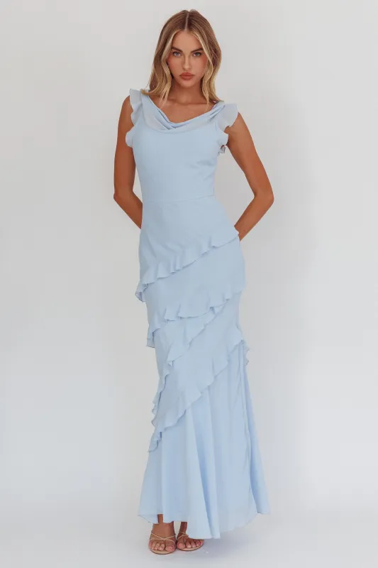 Sangria Cowl Neck Frill Maxi Dress Blue sold by Selfie Leslie