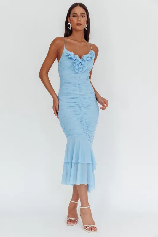 Nadia Ruffle Neckline Ruched Midi Dress Blue sold by Selfie Leslie