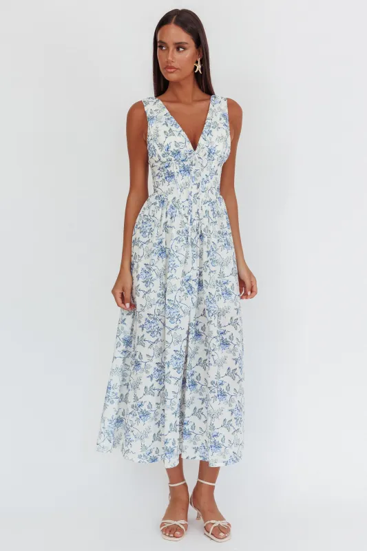 Spring Dawn Basque Waist Maxi Dress Floral Blue sold by Selfie Leslie